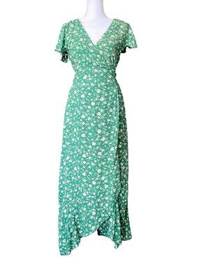 Emerald Green Floral Print Wrap Maxi Dress w/ Ruffle, Short Flutter Sleeves - Sm